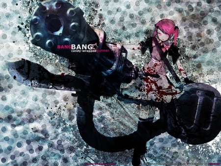 Bang Bang! - blood, anime, female, twintails, gun, bang bang, red eyes, black rock shooter, pink hair