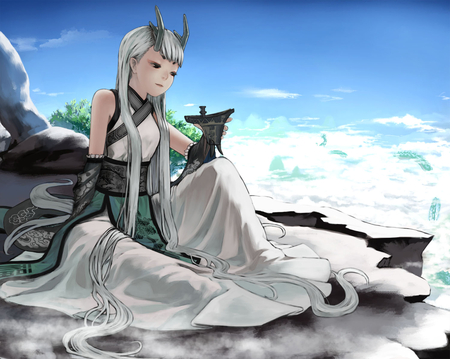 Chinese Beauty - clouds, anime, female, original, dress, beauty, long hair, white hair, chinese dress, horns, sky