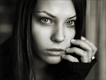 PORTRAIT - woman, photography, piercing, bw, eyes, portrait, beauty, face