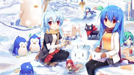 Winter Fun - girls, mahou shoujo madoka magica, liong, penguin, seifuku, red eyes, cold, anime, cute, hatsune miku, ikamusume, chibi, winter, shakugan no shana, scarf, gloves, fate stay night, blue hair, pantyhose, vocaloid, snow, shinryaku ikamusume, crossover, kyuubee, white hair