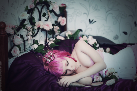 sleeping_beauty - sleep, lady, red, hair, model, flower