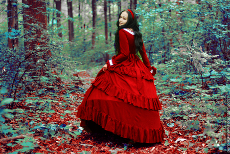 snow_white. - nature, lady, forest, red, dress, model