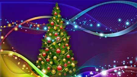 Christmas Tree So Bright - stars, christmas, bright, abstract, purple, blue, streamers, tree, feliz navidad, firefox persona