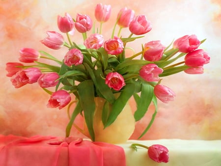 Still life - nice, delicate, tulips, lovely, still life, vase, pretty, red, beautiful, pink, flowers, harmony