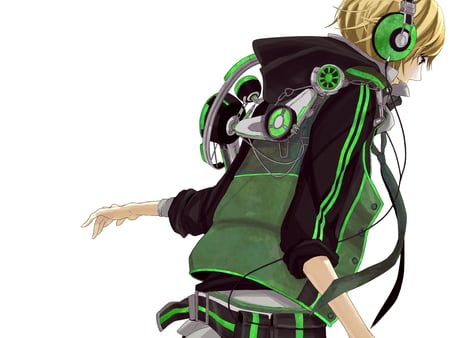 Kagamine Len - male, blond hair, headphones, vocaloid, anime, green, kagamine len, black