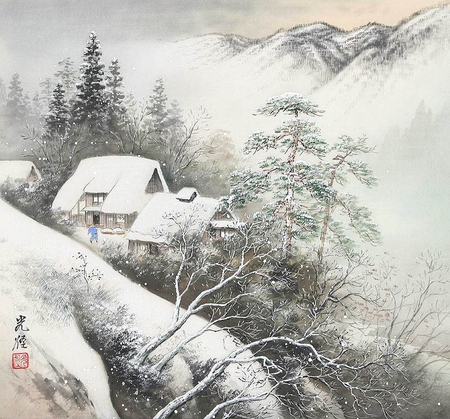 Koukei Kojima. Houses under the snow - painting, art, snow, winter, house, koukei kojima