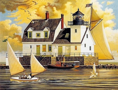 Charles Wysocki - Rockland Breakwater Light - sailboat, painting, charles wysocki, art, tree, flag