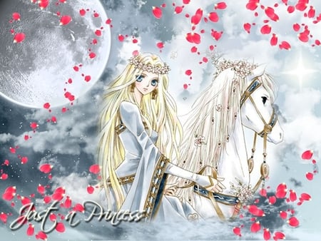 Princess - moon, anime, rose petals, princess, horse