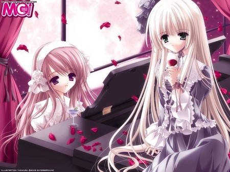 Anime - girls, anime, piano, rose petals