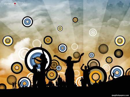 Party  - hill, silhouettes, light, clouds, circles, beams, dancing