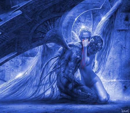 Fallen Angel in Blue - luis royo, angel, hold, fallen, comforting