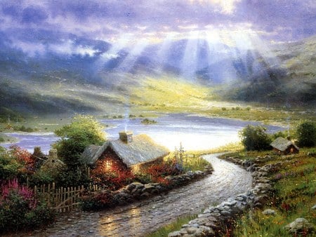 Light Rays From The Sky - abstract, water, kindade, sunbeams, painting, cottage, sky