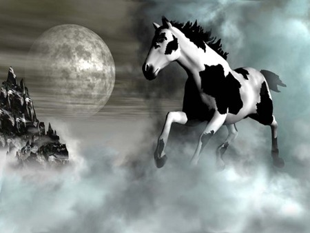 Riding the Sky - clouds, moon, fog, pinto, horse, markings, mountain