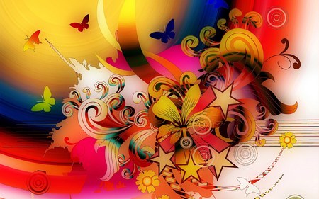 Flower Power II - colorful, flowrs, abstract, butterflies