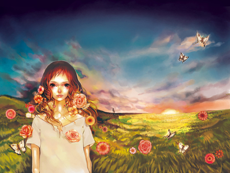 Fantasy girl - sky, fantasy, rose, girl, nature, sunrise