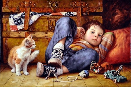 By Jim Daly - cat, people, jim daly, ketten, painting, art, sleep, boy, artwork, animal, shed