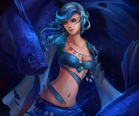 The Blue Fish Girl - girl, beautiful, blue, fish, lovely, fantasy