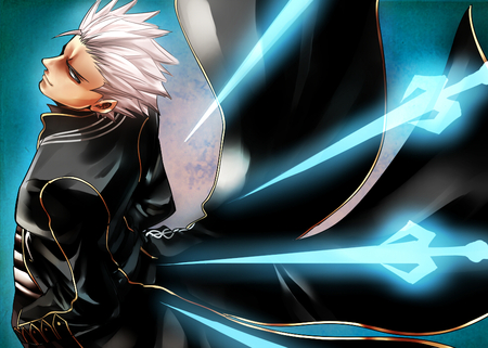 Vergil - dmc, anime, swords, weapons, trench coat, white hair, male, solo, spiky hair, video game, dmc3, game, blue background, devil may cry, vergil, games, video games, lone