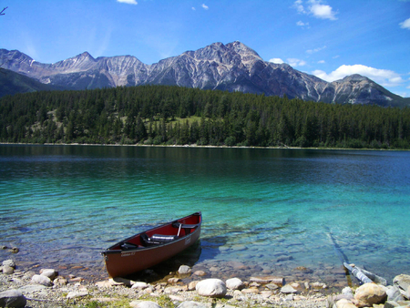 Tranquility - trees, lonely, scenery, blue, tranquil, river, mountains, rocks, canoe