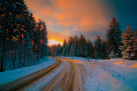 winter - sunset, nature, scenery, road, landscape, snow, forest, wintwr