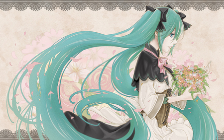 Hatsune Miku - hatsune miku, vocaloid, hair, anime, green, bride, flower, manga