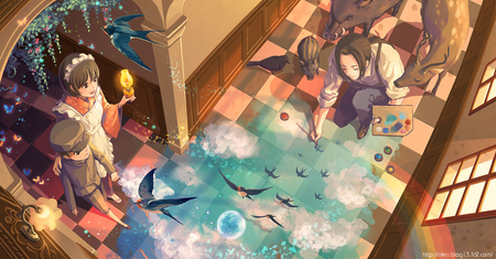 Magic painter - painter, anime, birds, magic, girl, light, child, manga, painting, hall, art