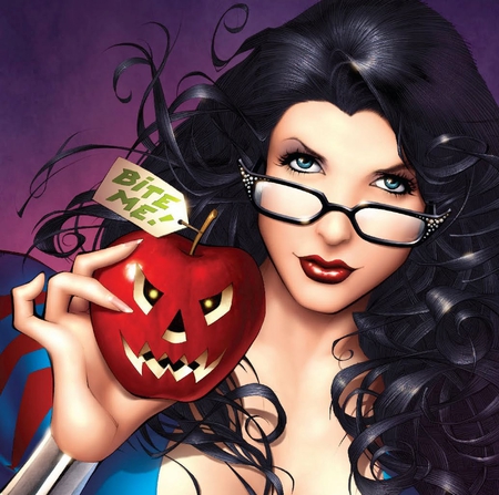 Snow White - comics, girl, hair, black, glasses, red, snow white, apple, sexy