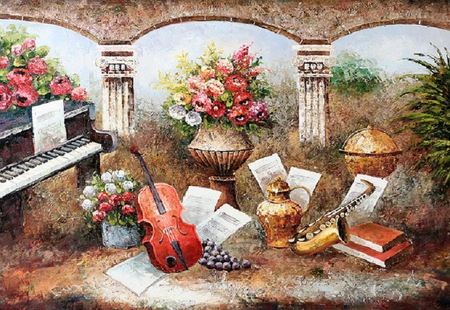 A Touch of Class. - saxaphone, piano, urn, music, flower, pillar