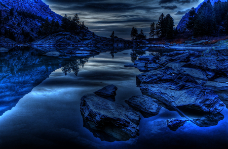 Midnight Bliss - stone, sky, water, midnight, shine, shimmer, dark, blue, river, beautiful, hdr, bold