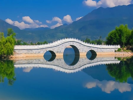 Bridge reflection - lake, reflection, river, mirror, water, bridge