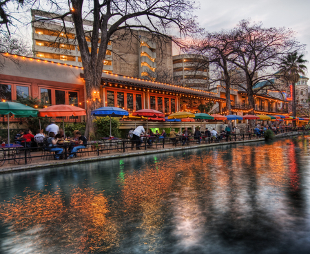 Riverwalk at Sunset - waterscape, tx, san antonio, riverwalk, buildings, restaurants, umbrellas