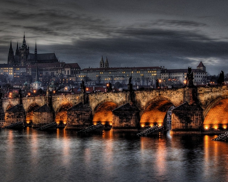 lighted bridge - water, bridge, hdr, sky, architecture, reflection, clouds, photography, nature