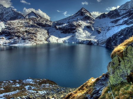 the_first_snow - winter, nature, snow, lake, mountain