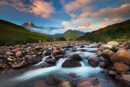 Drakensberg-Sunrise - lake, rocks, clouds, sly, nature, mountain, grass