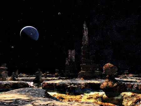 alien world - stars, planet, rock formations, moons