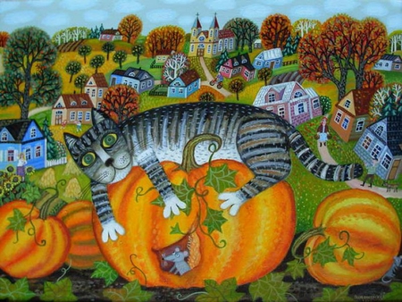 By Igor Rimashevskij - igor rimashevskij, animal, kittren, cat, village, painting, pumpkin, art