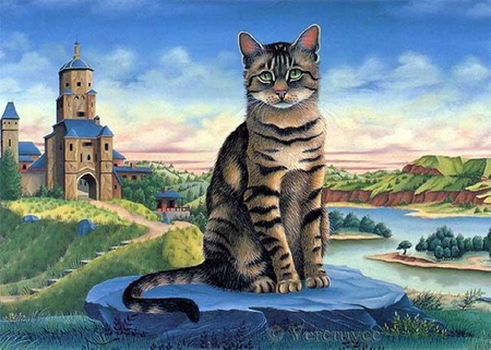 By Bernard Vercruyce - animal, bernard vercruyce, river, cat, feline, painting, nature, art