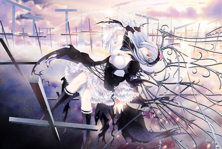 Suigintou - flowers, hair band, silver hair, anime, dress, wings, namamo nanase, red eyes, long hair, roses, suigintou, pixiv id 1167548, frills, cross, rozen maiden