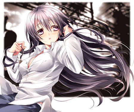 Wind Breeze - pink eyes, anime, blush, long hair, pixiv id 148792, matsuno canel, silver hair