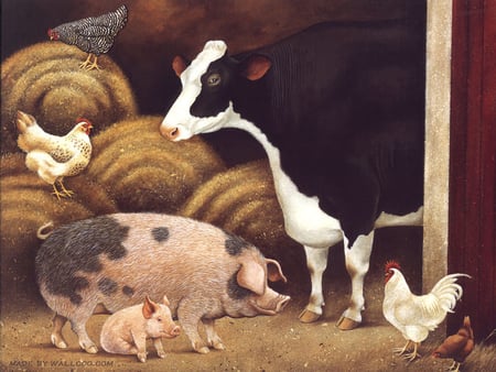 Cow farm, by Lowell Herrero - art, cow, pig, hen, farma, animal, drawing