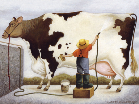 By Lowell Herrero - painting, art, cow, man, bath, lowell herrero, animal