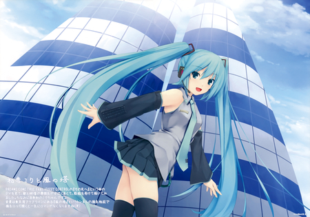 Hatsune Miku - outfit, virtual, miku, digital, vocaloids, song, leggings, microphone, uniform, singer, cool, headphones, awesome, vocaloid, thighhighs, anime, skyscraper, twintail, buildings, blue, cg, clouds, skirt, aqua hair, hatsune, black, cute, beautiful, hot, girl, anime girl, white, stockings, program, aqua eyes, artistic, pretty, aqua, thigh highs, beauty, art, diva, twin tail, sky, nice, tie, sexy, idol, headset, music, hatsune miku