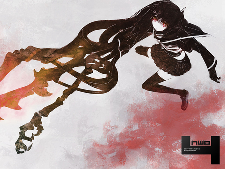 black rock shooter - red eyes, long hair, demon, uniform, black hair, dark, weapon