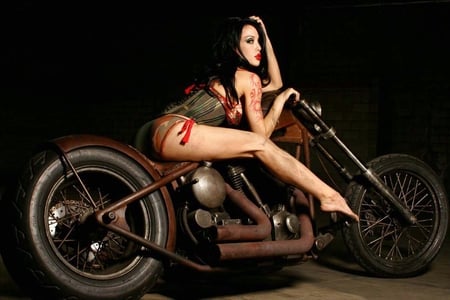 Rat Bike - woman, women, lips, rat, bike, hot, hair, eyes, other, model, legs, face, brown, motor, brunette, lady, sexy, girl, cycle, motorcycle, beautiful, babe