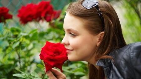 Fragrant Rose - girl, glasses, lovely, rose, fragrant, red, beautiful, smelling, brunette