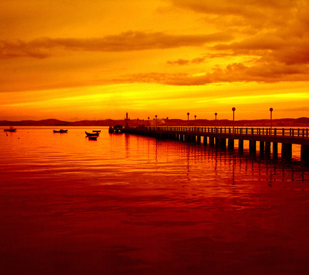 Golden Evening Glow - sky, sunset, nature, clouds, scenery, golden, bridge, scene, boat