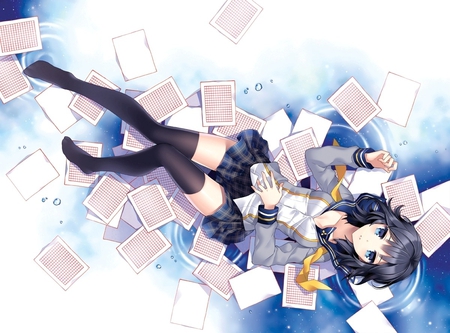 Anime - seifuku, anime, blue, papers