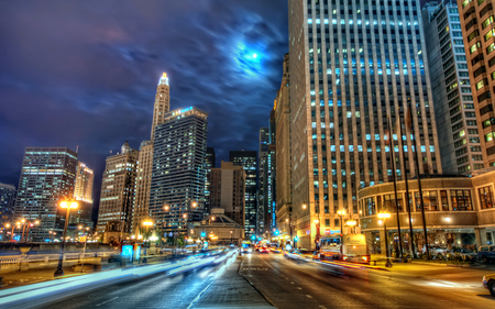 Chicago - beauty, street, sky, windows, peaceful, colorful, road, view, lanterns, lantern, window, clouds, chicago, architecture, moonlight, moon, building, light, cars, night, buildings, lovely, skyscrapers, nature, skyline, beautiful, city, splendor, colors, streets, lights