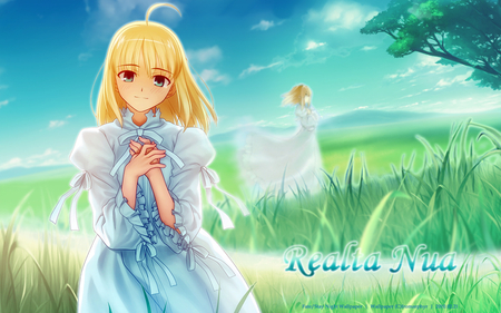 Saber - servant saber, saber, realta nua, tears, girl, anime girl, fate stay night, clouds, anime, tree, grass, dress