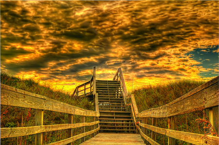 To heaven.. - glow, beauty, abstract, amazing, hdr, wood, stairs, special, sky, clouds, golden, gold